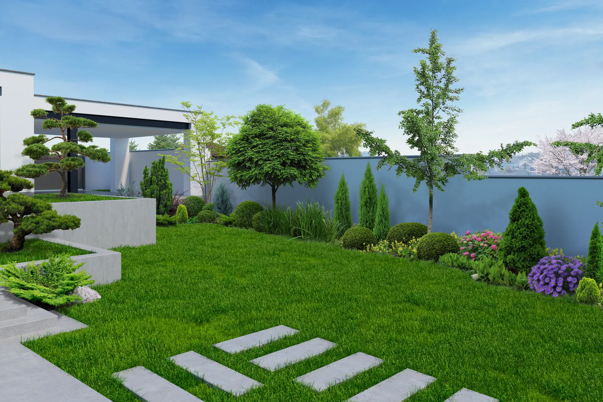 Professionally landscaped garden with manicured lawn, topiary trees and a stepping-stone path by Morry's Gardening & Landscaping, Adelaide