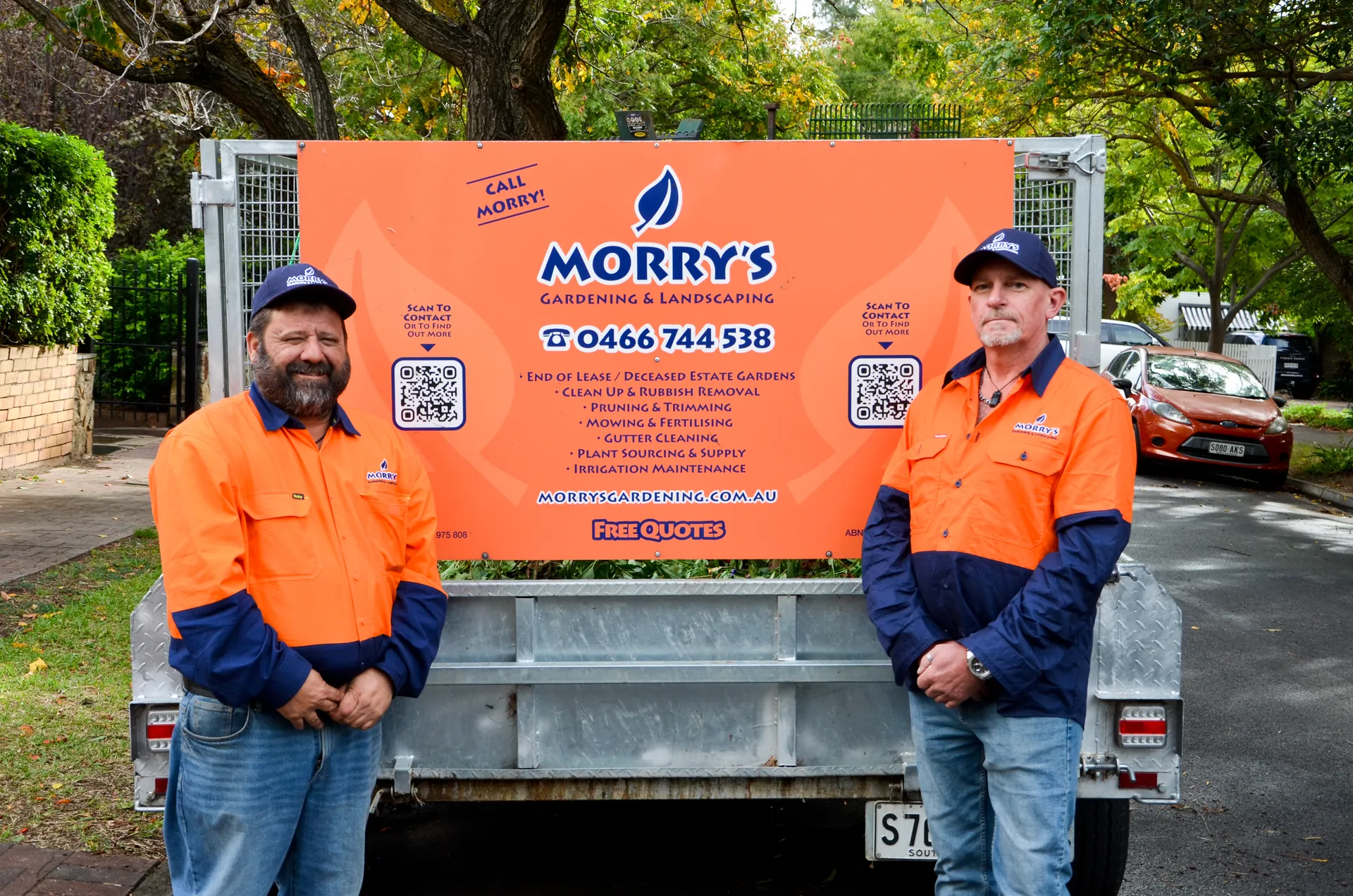 Morry&rsquo;s Gardening & Landscaping team with their branded trailer in Adelaide